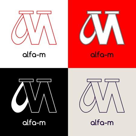 Logo design template with two united letters Alfa and M,  in four variations of black, white, red and grey colors. Vector illustration label.のイラスト素材