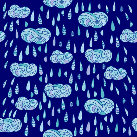 Autumn seamless pattern with decorative clouds and raindrops in blue colors.のイラスト素材