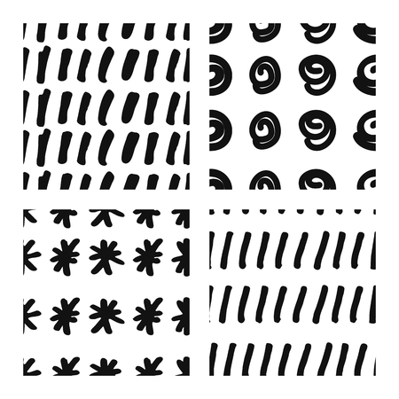 Hand drawn seamless patterns set, ink, doodle backgrounds, grunge style,  texture with abstract circles, stripes, and figures.のイラスト素材