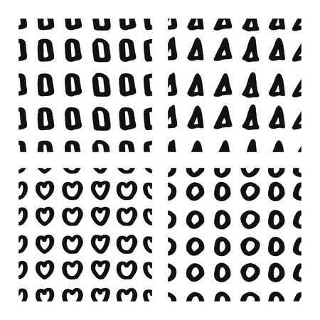 Hand drawn seamless patterns set, ink, doodle backgrounds, grunge style,texture with  abstract circles, triangles, hearts and figures.のイラスト素材