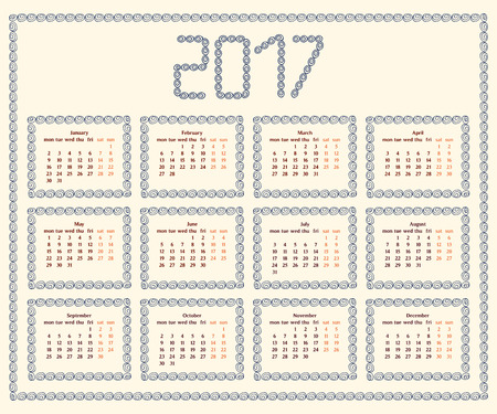 2017 year calendar template with decorative doodle elements, hand drawn frames,blue and brown colors.のイラスト素材
