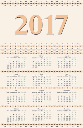 2017 year calendar template with decorative calligraphic dividers, blue and peachy colors.のイラスト素材