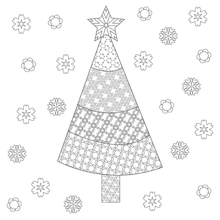 Decorative ornamental Christmas tree with artistic snowflakes and star. design. Coloring book page for adult, anti stress coloring and other decoration. New year illustration.のイラスト素材