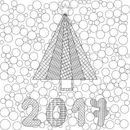 Decorative ornamental Christmas tree with artistic star. design. Coloring book page for adult, anti stress coloring and other decoration. 2017 New year illustration.のイラスト素材