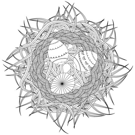 Coloring page for adult, anti stress coloring and other decoration. design.  Abstract nest with decorative eggs and grassのイラスト素材