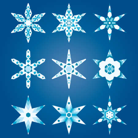 Set of decorative snowflakes, collection of artistic winter design templates, blue colorのイラスト素材