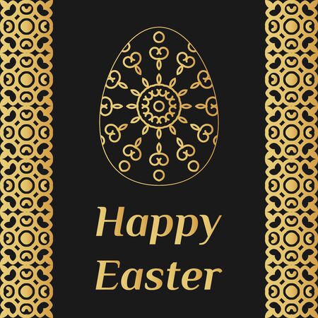Happy easter card with lacy egg and decorative borders in golden color on black background.のイラスト素材