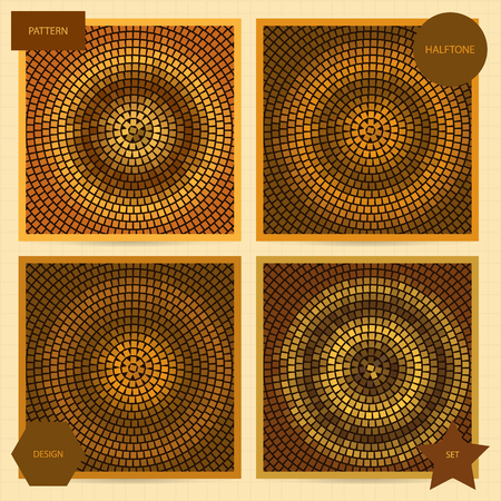 Set of square cards size with halftone mosaic patterns in brown color. Templates for card, brochure, cover, etc.のイラスト素材