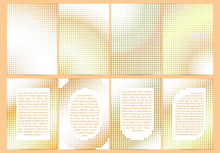 Set of A4 size cards with halftone patterns and frames, light orange textures. Vector business templates for restaurant menu, flyer, greeting card, brochure, book cover.のイラスト素材