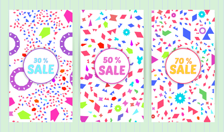 Sale templates, discount banner with rando, chaotic, scattered geometric elements, colorful background. Vector illustrationのイラスト素材