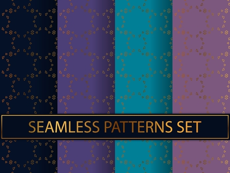 Set of seamless patterns in golden color on colorful backgrounds. Templates with luxury foil. Abstract, geometric, art deco pages for textile, wallpapers, tablecloth, curtain, packaging etc.のイラスト素材