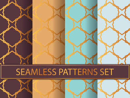 Set of seamless patterns in golden color on colorful backgrounds. Templates with luxury foil. Abstract, geometric, art deco pages for textile, wallpapers, tablecloth, curtain, packaging etc.のイラスト素材