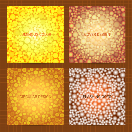 Set of square covers with random, chaotic, scattered circles in golden color. Vector backgrounds, business templates for flyer, card, brochure, package, placard.のイラスト素材