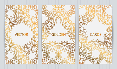 Set of cards in golden color on light grey background. Vector business templates for restaurant menu, flyer, brochure,cover, booklet, banner, etc.のイラスト素材
