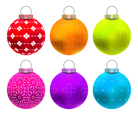 Set of colorful Christmas balls with decorative pattern. Xmas, new year decoration.のイラスト素材