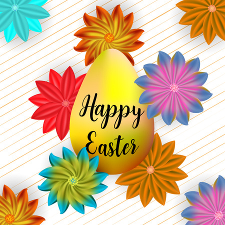 Happy Easter illustration with goldenl egg and beautiful flowers.のイラスト素材
