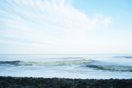 Seabeach painted illustration. Sea waves, stones, cloudy sky drawn landscape.の写真素材