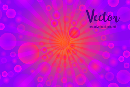 Vector background with random, chaotic, scattered bokeh circles, rays and bright violet and orange colors.のイラスト素材
