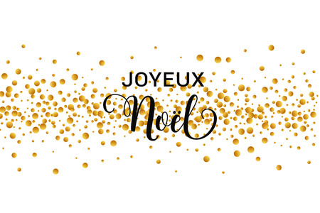 Joyeux Noel french text. Christmas vector card with golden round confetti on white background.のイラスト素材