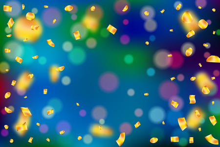 Golden confetti on bright colorful bokeh background with space for text.のイラスト素材