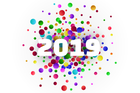 2019 year card with bright colorful confetti on white background.のイラスト素材