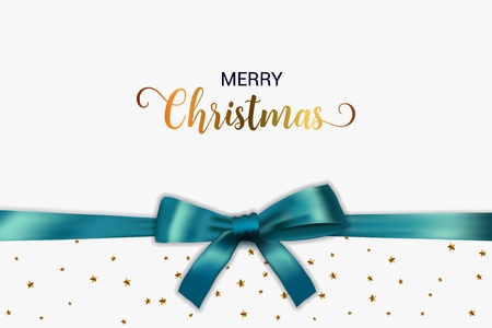 Merry Christmas typography. Christmas vector card with blue realistic bow and golden stars.のイラスト素材