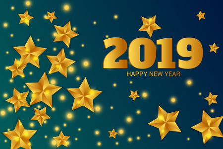 2019 Happy new Year card with scattered golden stars and bokeh lights on blue background.のイラスト素材