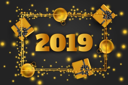 2019 year card with golden balls, confetti, gift boxes and bokeh lights on black background.のイラスト素材