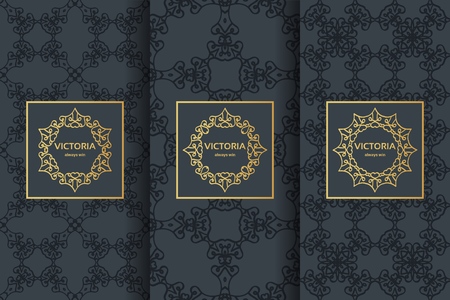 Collection of black backgrounds and golden elements. Set of labels, icons and seamless patterns. Templates with luxury foil for packagingのイラスト素材