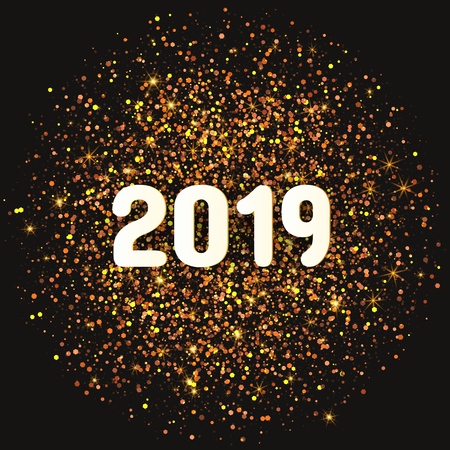 2019 year card with golden confetti in circular design. Festive vector illustration.