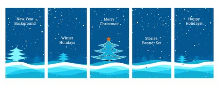 Social media banners. Set of banners for social media stories with New Year, Christmas, winter view, falling snowflakes, snow, Christmas tree, New Year scene,templates for cover, flyer, brochure.のイラスト素材