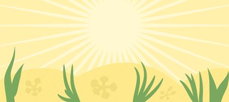 Vector abstract landscape, sunshine, plants, grass. Flat style hand drawn illustration with copy space for text. Simple cartoon design banner.のイラスト素材