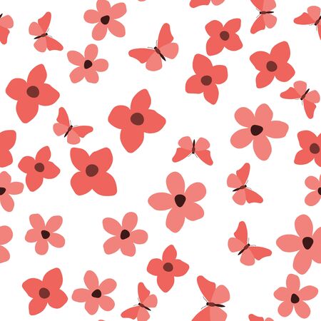 Seamless pattern with hand drawn doodle flowers and butterflies. Floral vector background.のイラスト素材