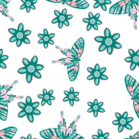 Seamless pattern with hand drawn doodle flowers and butterflies. Floral vector background.のイラスト素材