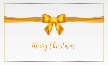 Merry Christmas typography. Christmas vector card with golden realistic bow and border on white background.のイラスト素材
