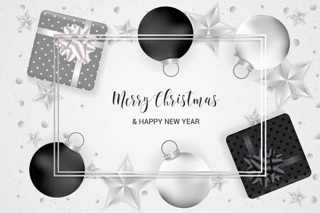 Christmas card with realistic gift boxes, stars, balls, and confetti in golden and black and silver colors. Merry Christmas and Happy New year typography.のイラスト素材