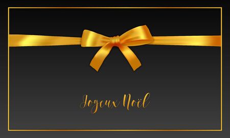 Joyeux Noel Merry Christmas french typography. Christmas vector card with golden realistic bow and border on black background.のイラスト素材