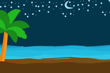 Tropical summer night scene with palm tree, sand, sea shore, Moon and stars, copy space for text.のイラスト素材