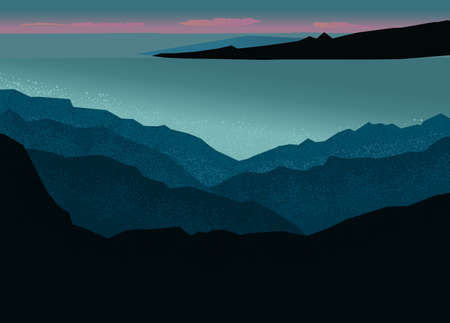 Mountains in fog landscape with sea view. Beautiful sunset over sea harborのイラスト素材