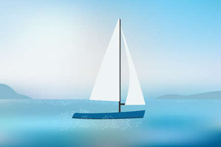Sailing yacht on sea waves with mountains view in daylight.のイラスト素材
