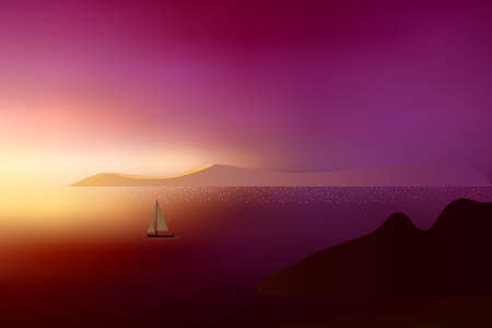 Beautiful sunset over the ocean with distant mountain and sailing yacht.のイラスト素材