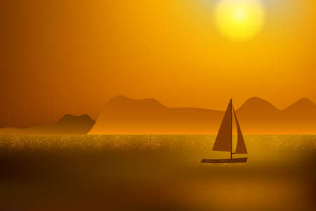 Beautiful golden sunset over the ocean with distant mountain and sailing yacht.のイラスト素材