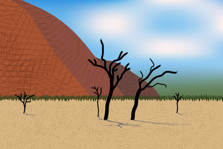 Beautiful desert view with stylized mountains, trees, grass and bushes. Bright day light.のイラスト素材