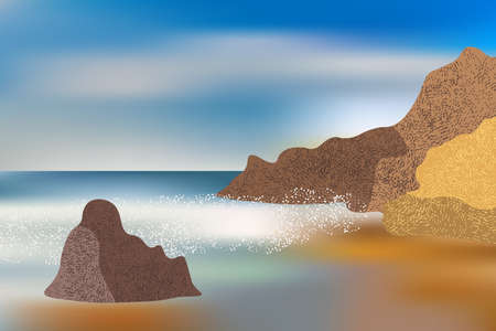 Waves crash against coastal stones and rocks, sea foam.のイラスト素材
