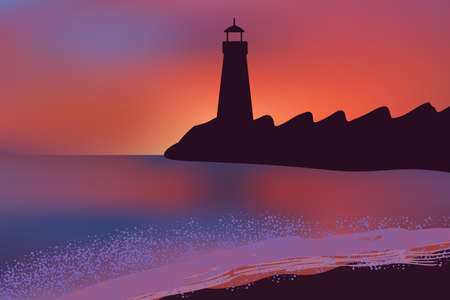 Beautiful sunset on ocean beach with a Lighthouse standing on the embankment.のイラスト素材