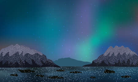 Beautiful night on a frozen lake, mountains covered with snow, sky with polar nothern lights.のイラスト素材
