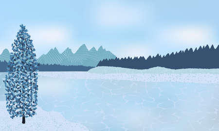 Clear winter day outdoor, frozen nature covered with snow and frost in beautiful blue colors.のイラスト素材