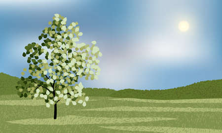 Summer day outdoor with beautiful lonely tree, grass, and distant forest.のイラスト素材