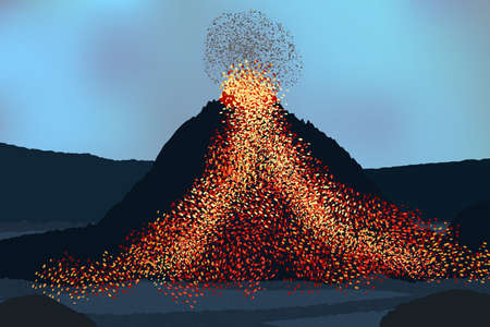 Erupting active volcano. Hot lava flowing down the slope. Sky covered in smoke.