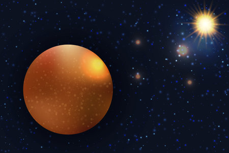 Shining planet on a background of starry night. Deep spase, Universe, orange glowing Mercury with a...